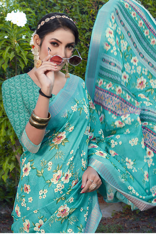 Engaging Cyan Color Cotton Cotton Silk Fabric Festive Look Saree