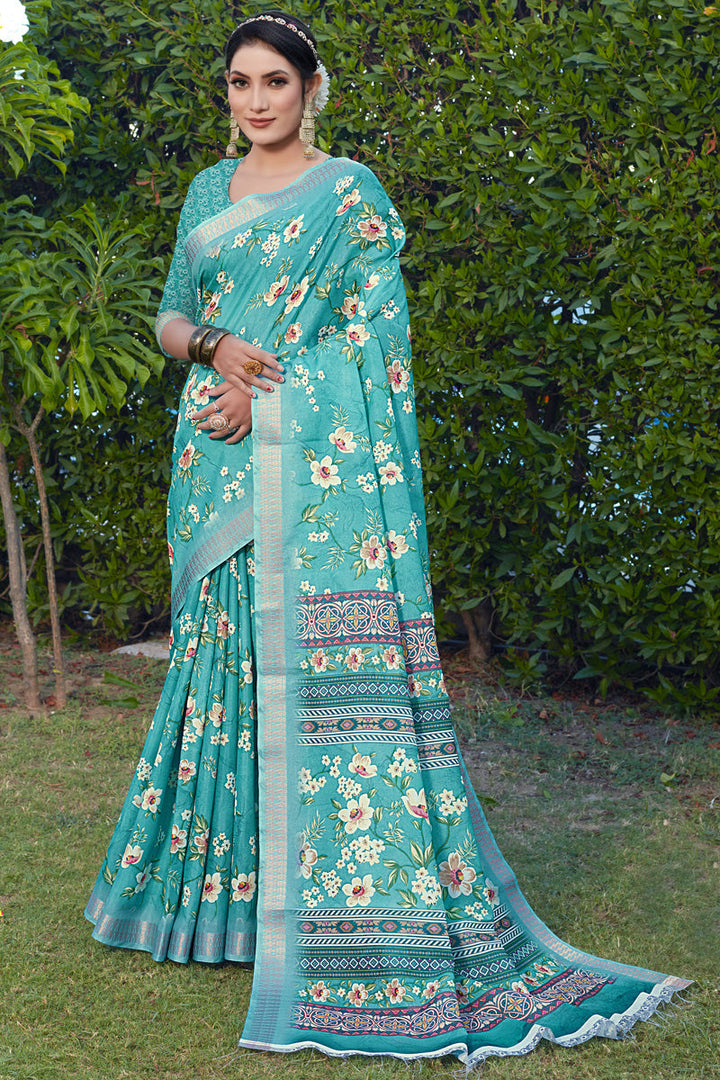 Engaging Cyan Color Cotton Cotton Silk Fabric Festive Look Saree
