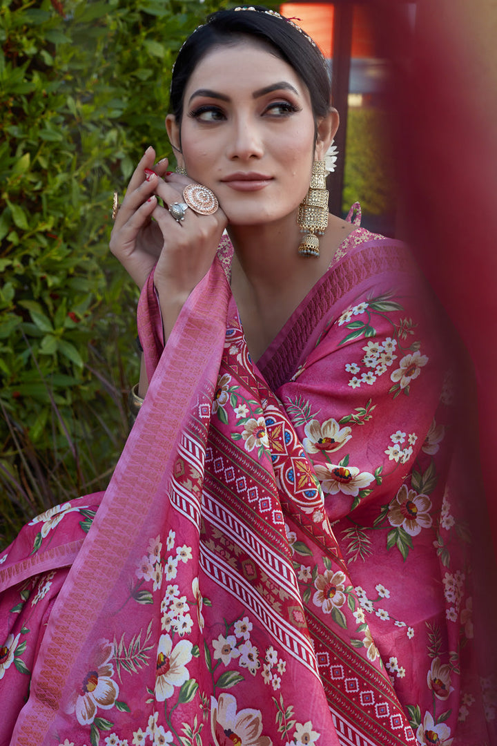Classic Pink Color Festive Look Saree In Cotton Cotton Silk Fabric