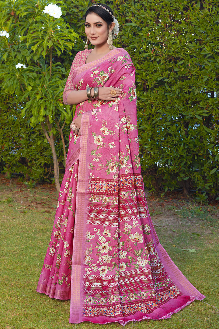 Classic Pink Color Festive Look Saree In Cotton Cotton Silk Fabric