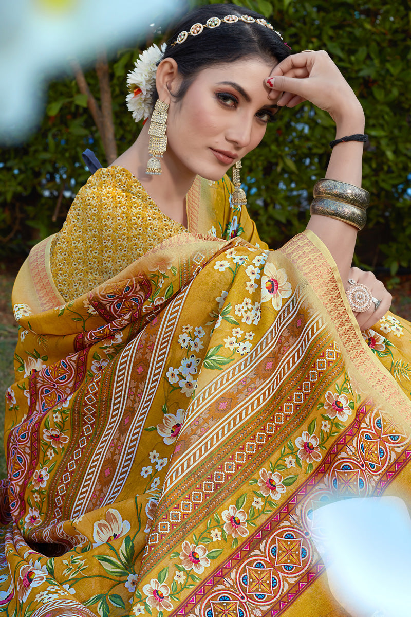 Winsome Cotton Cotton Silk Fabric Yellow Color Festive Look Saree