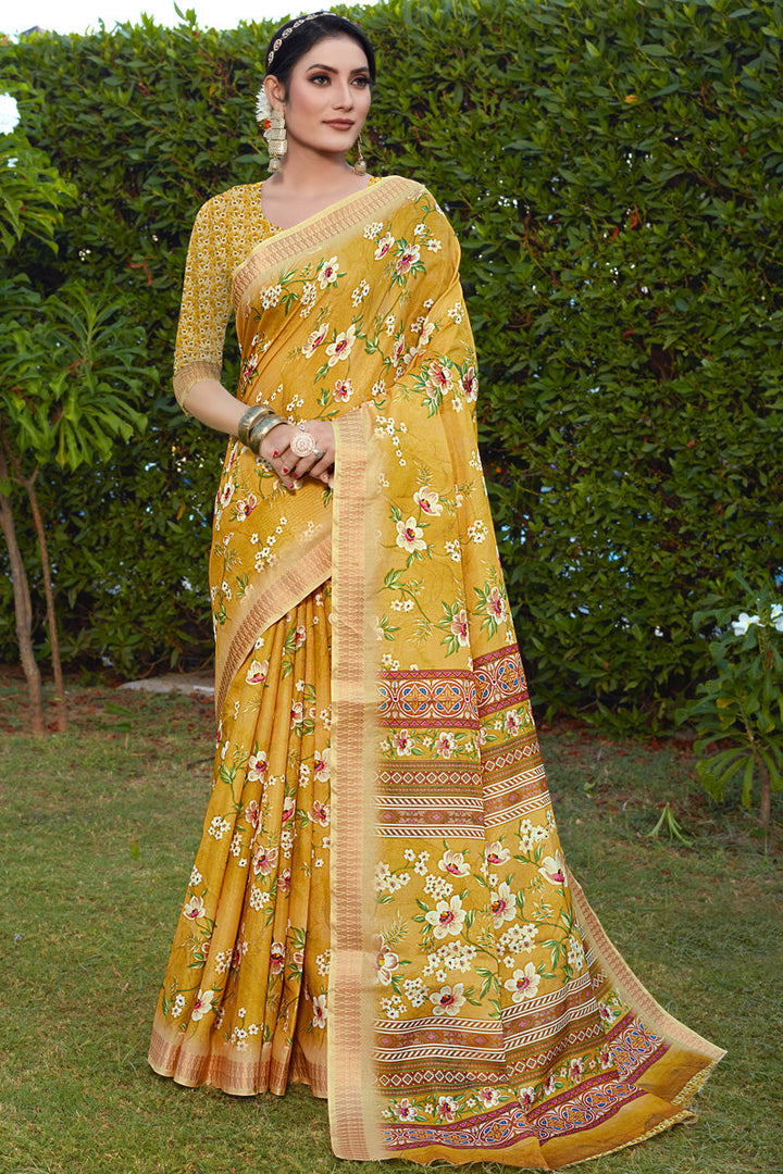Winsome Cotton Cotton Silk Fabric Yellow Color Festive Look Saree
