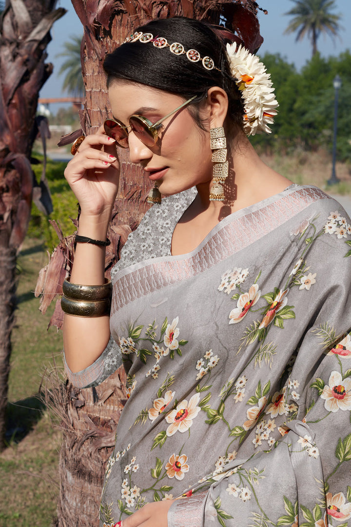 Creative Festive Look Saree In Grey Color Cotton Cotton Silk Fabric