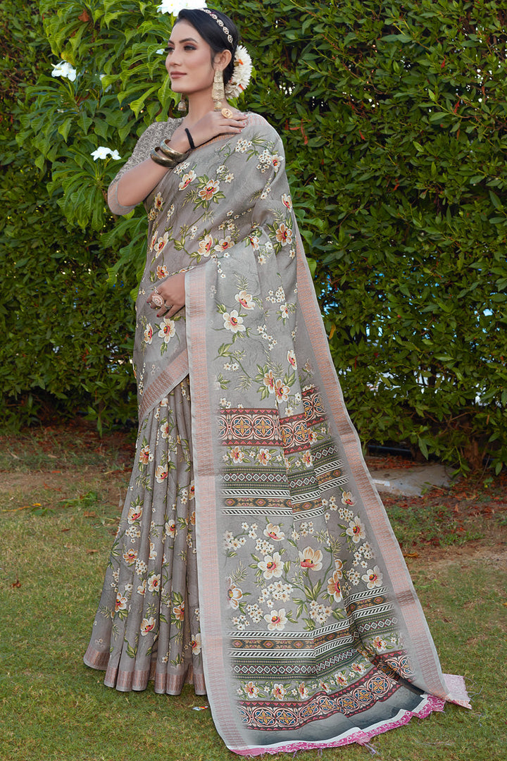 Creative Festive Look Saree In Grey Color Cotton Cotton Silk Fabric