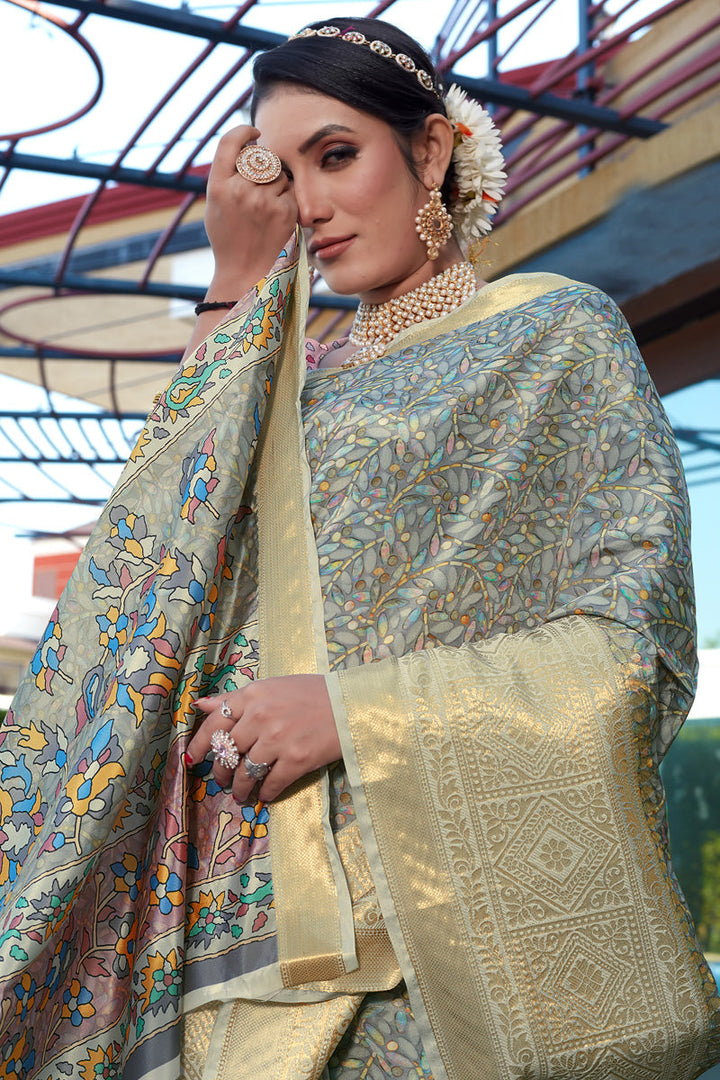 Appling Art Silk Fabric Festive Look Saree In Grey Color