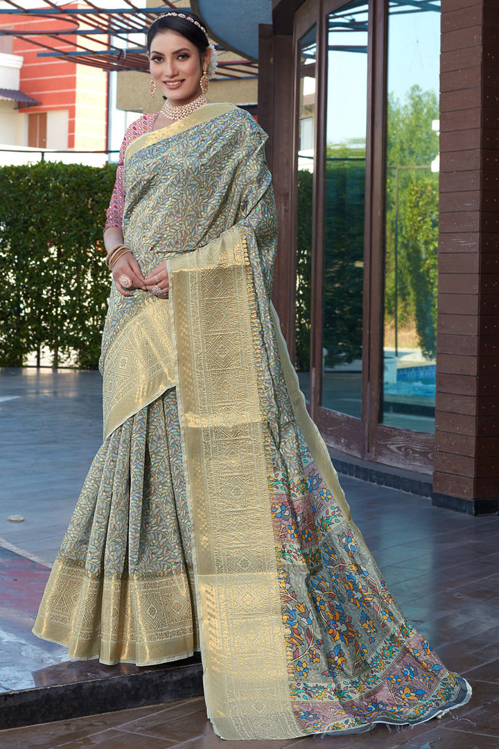Appling Art Silk Fabric Festive Look Saree In Grey Color
