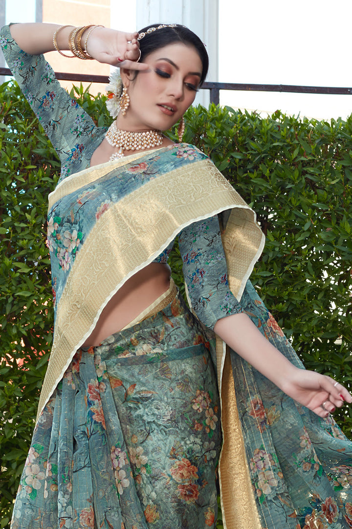 Awesome Sea Green Color Organza Fabric Festive Look Saree