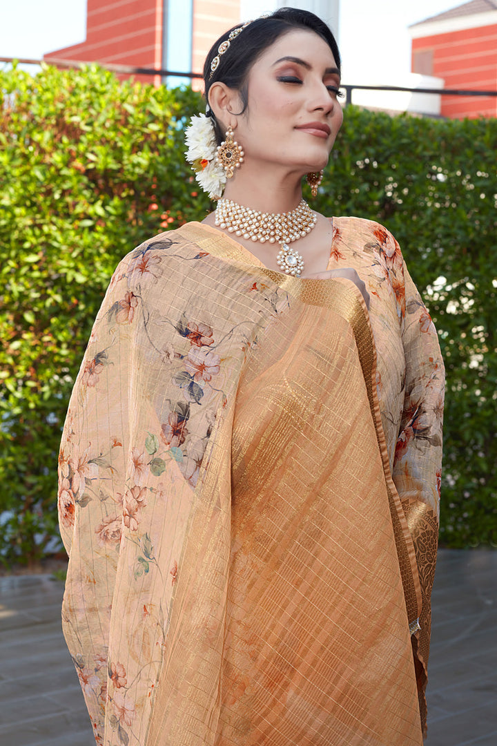 Dazzling Peach Color Festive Look Saree In Organza Fabric