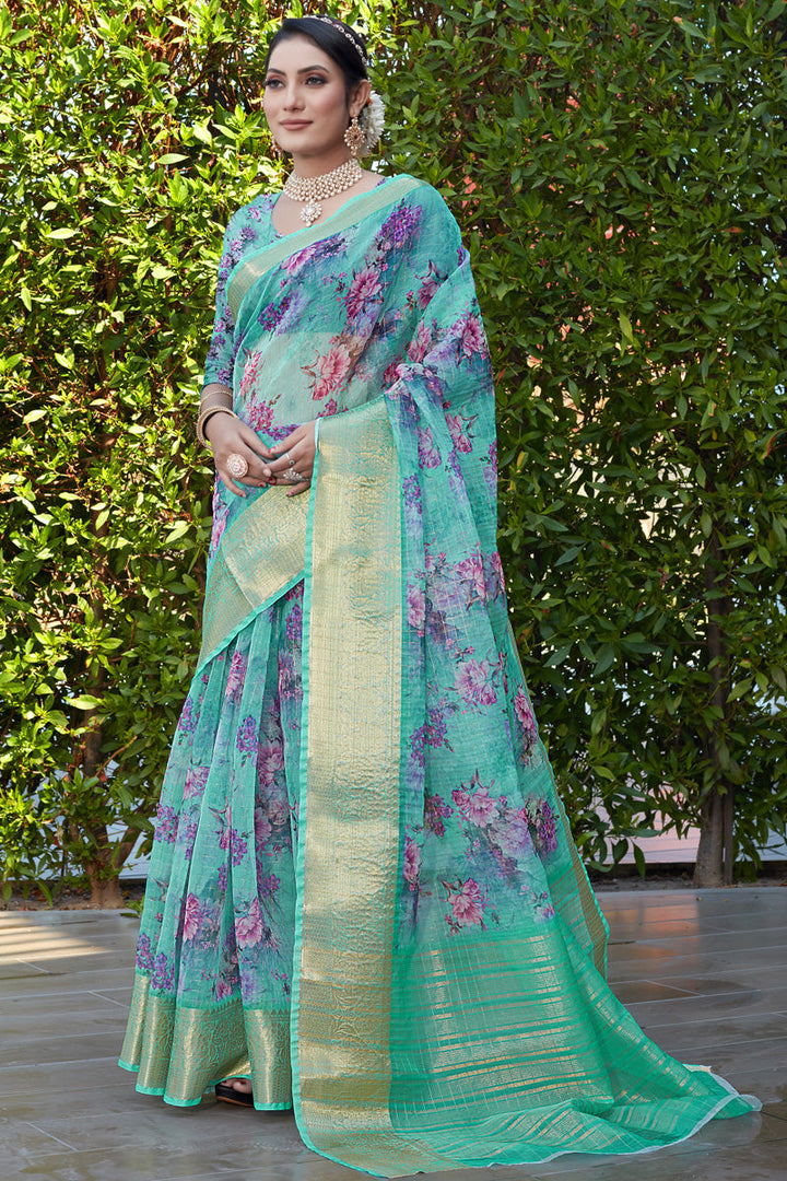 Entrancing Organza Fabric Festive Look Saree In Cyan Color