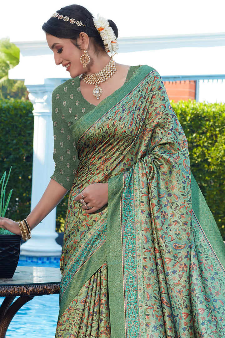 Radiant Sea Green Color Pashmina Fabric Saree With Digital Printed Work