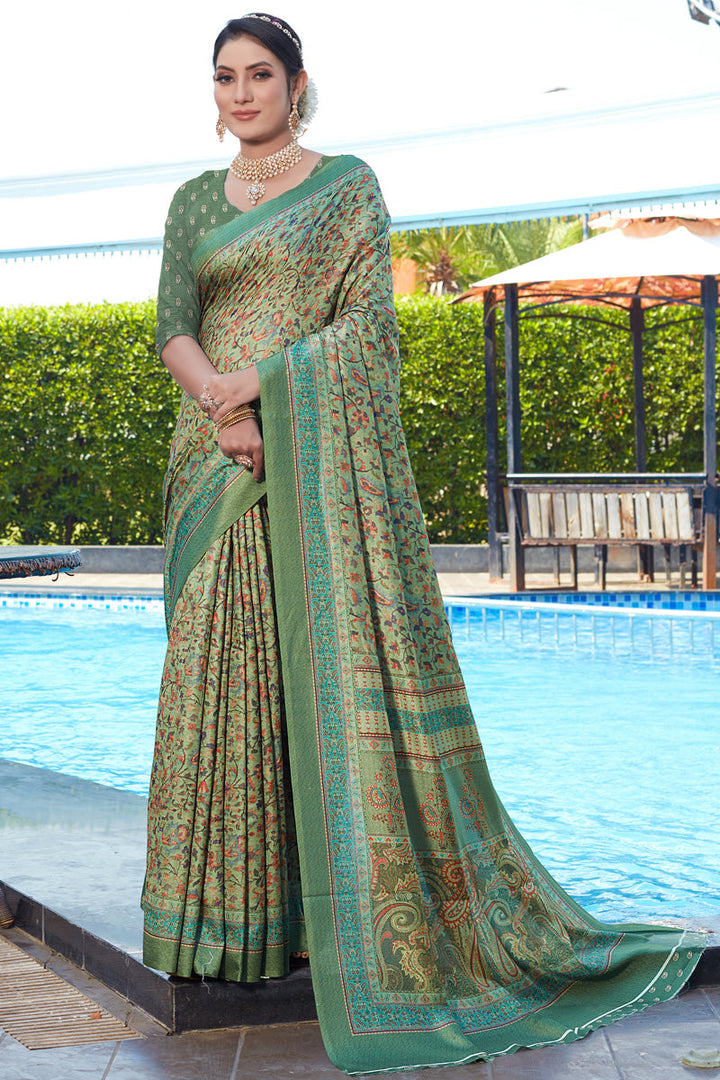 Radiant Sea Green Color Pashmina Fabric Saree With Digital Printed Work