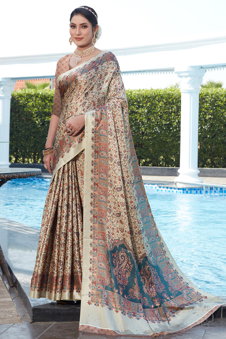 Cream Color Bright Saree With Digital Printed Work In Pashmina Fabric
