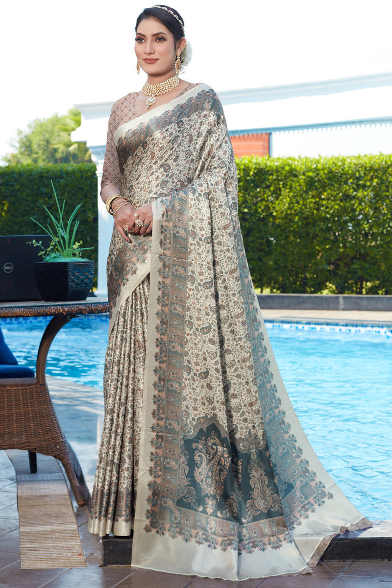 Pashmina Fabric Brilliant Saree With Digital Printed Work In Off White Color