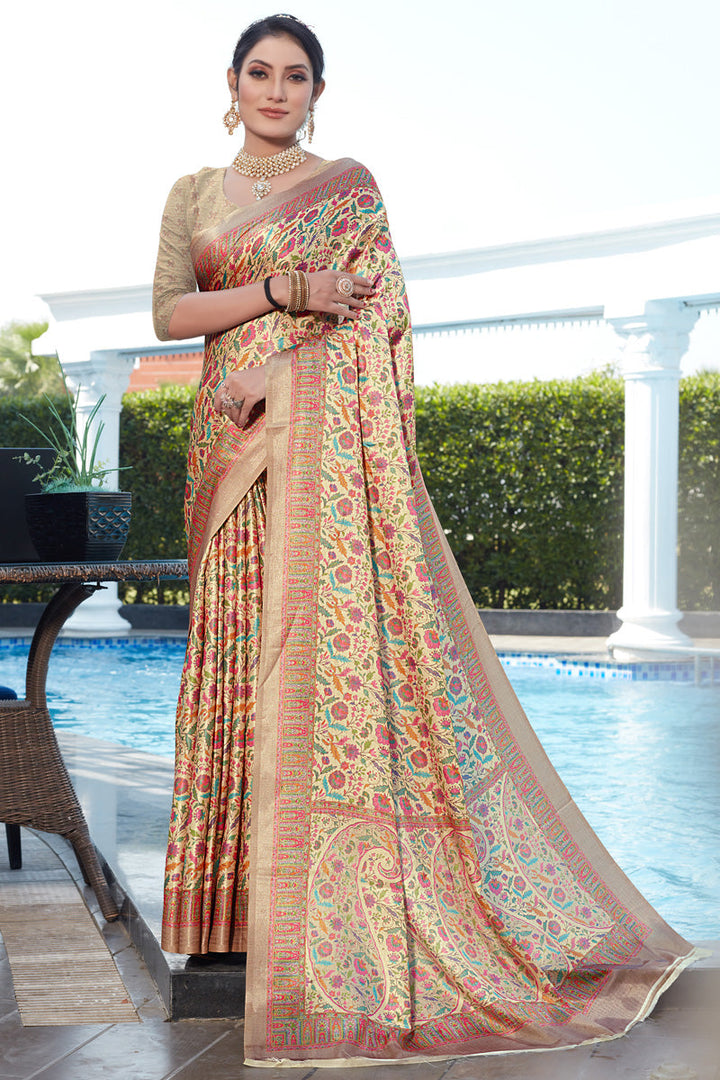 Pashmina Fabric Stunning Cream Color Saree With Digital Printed Work