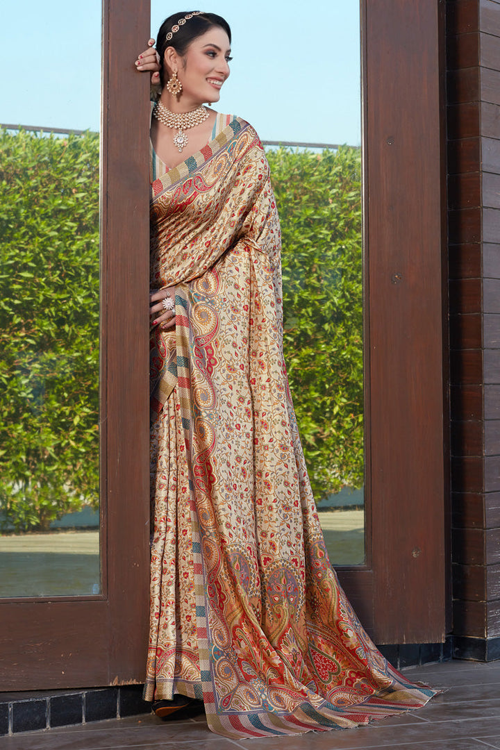 Digital Printed Work On Charming Pashmina Fabric Cream Color Saree