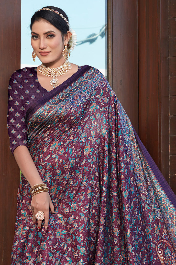 Blazing Purple Color Pashmina Fabric Saree With Digital Printed Work
