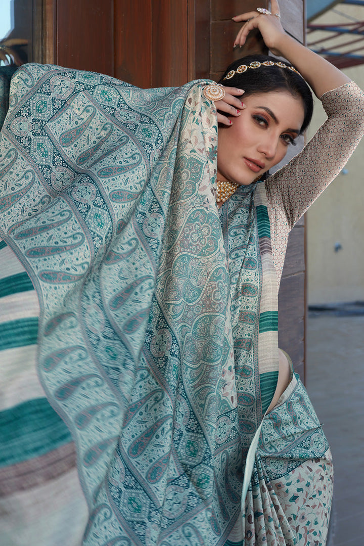 Pashmina Fabric Off White Color Wonderful Saree With Digital Printed Work