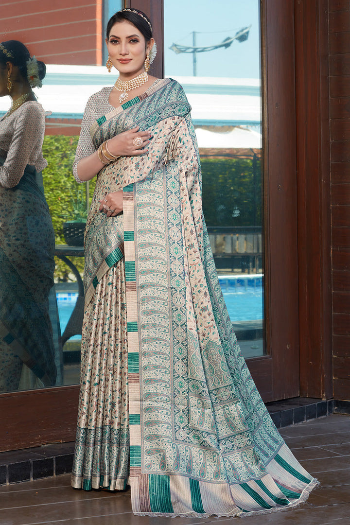 Pashmina Fabric Off White Color Wonderful Saree With Digital Printed Work