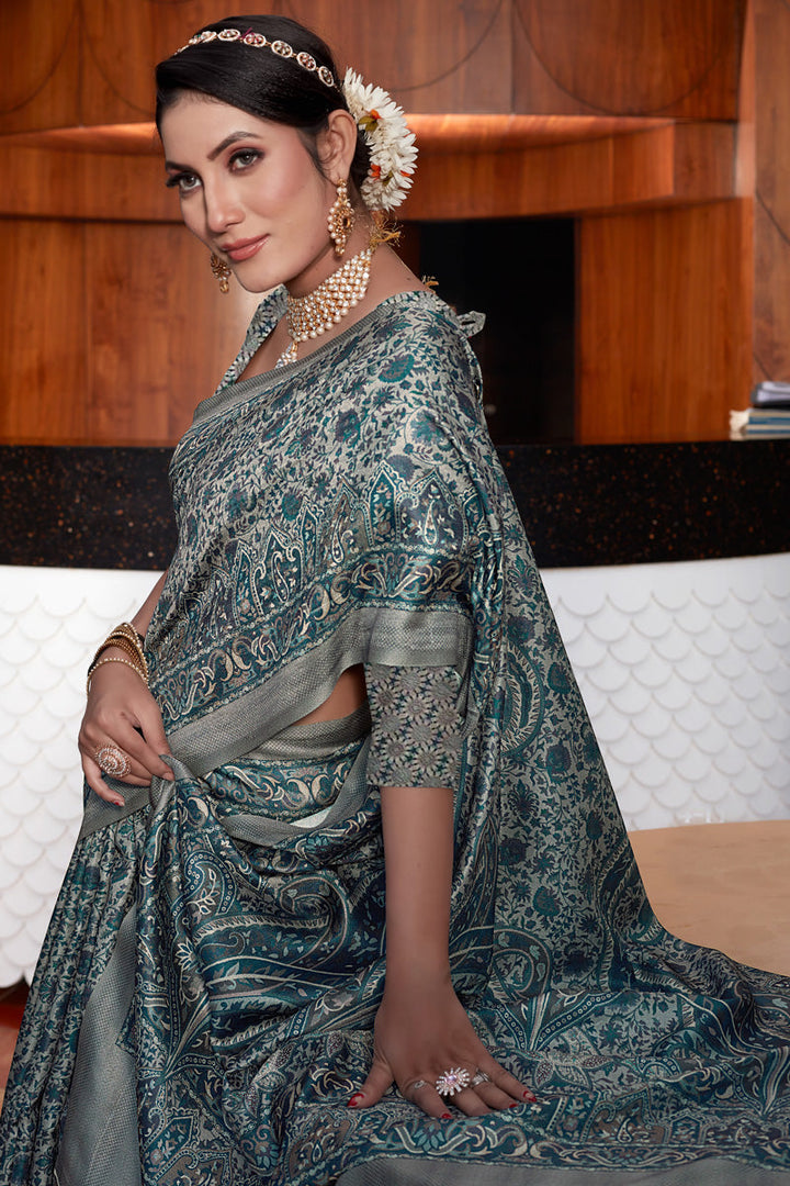 Grey Color Pashmina Fabric Fantastic Saree With Digital Printed Work