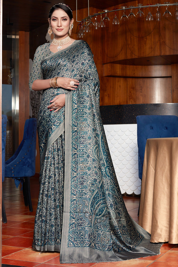 Grey Color Pashmina Fabric Fantastic Saree With Digital Printed Work