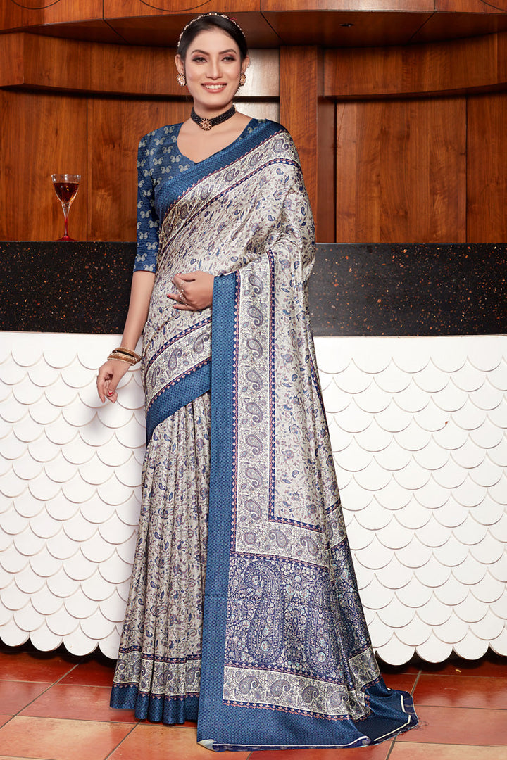 Cream Color Saree With Digital Printed Work In Soothing Pashmina Fabric