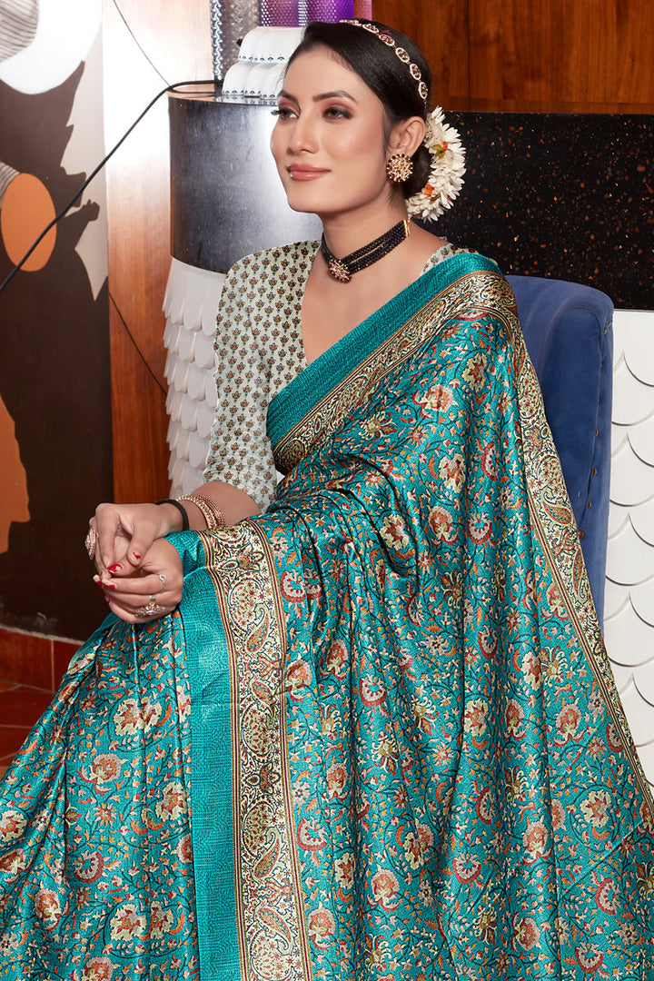 Cyan Color Pashmina Fabric Elegant Saree With Digital Printed Work