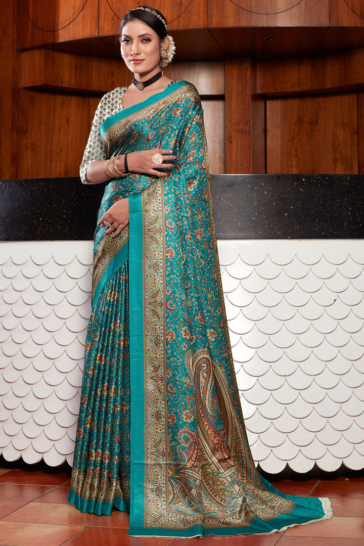 Cyan Color Pashmina Fabric Elegant Saree With Digital Printed Work