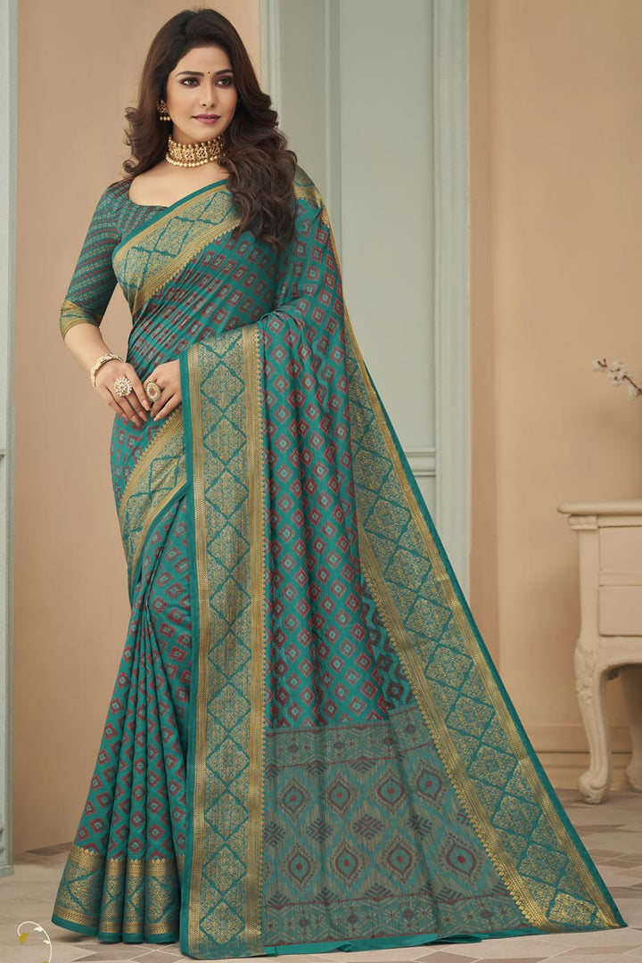Art Silk Fabric Festival Wear Cyan Color Weaving Work Graceful Saree