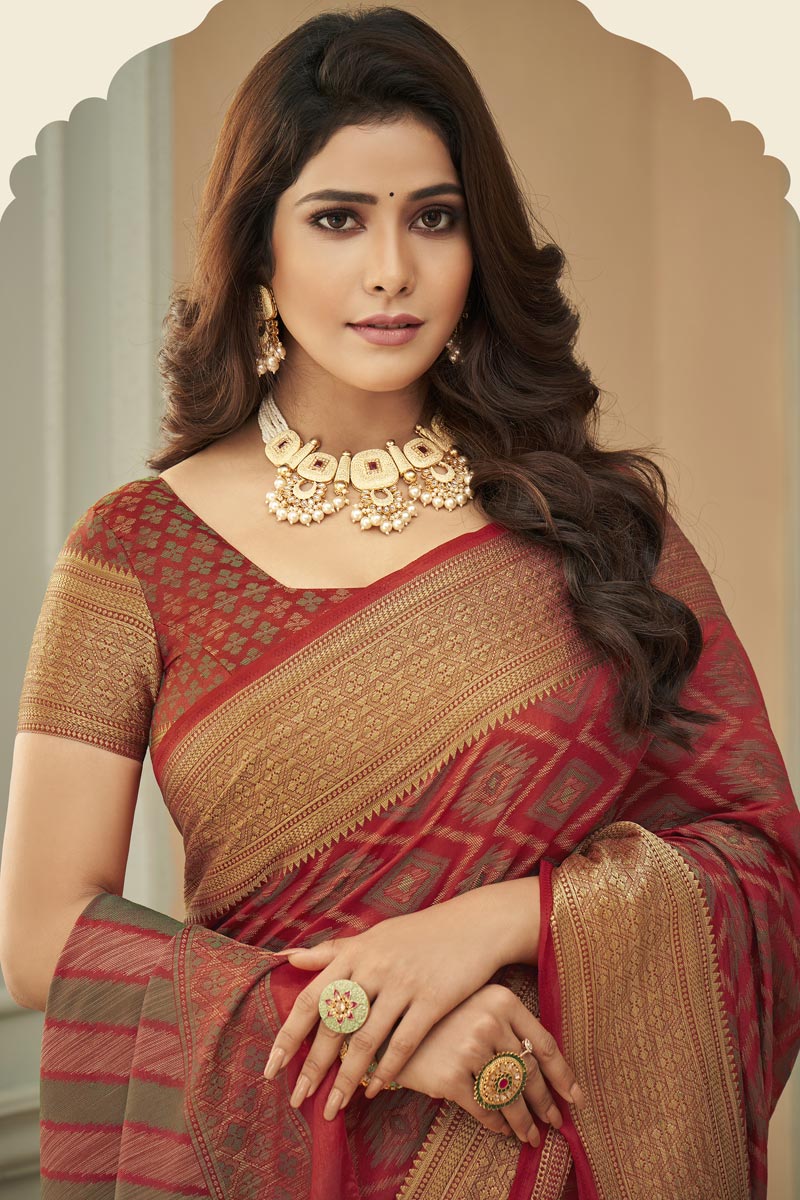 Festival Wear Art Silk Fabric Weaving Work Lavish Saree In Red Color