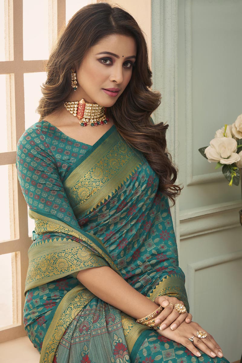 Festival Wear Art Silk Fabric Weaving Work Imposing Saree In Teal Color