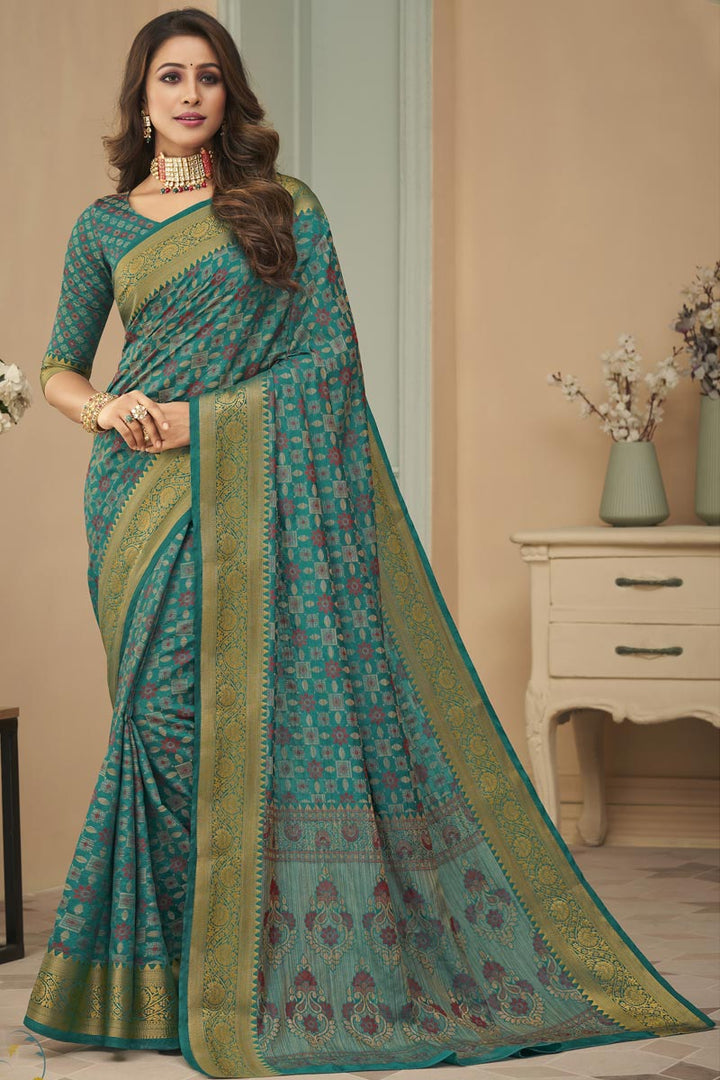 Festival Wear Art Silk Fabric Weaving Work Imposing Saree In Teal Color