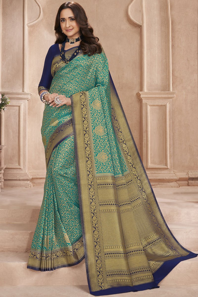 Cyan Color Party Wear Art Silk Fabric Weaving Work Saree