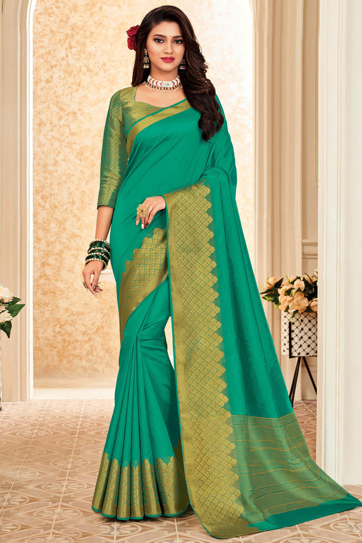Art Silk Fabric Classic Green Color Festival Wear Saree With Weaving Work