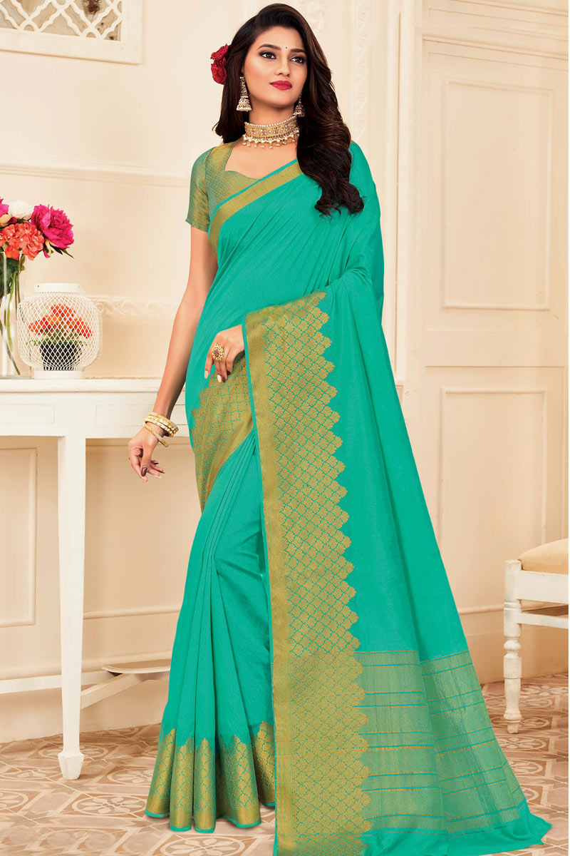 Sea Green Color Beautiful Art Silk Fabric Festival Wear Saree With Weaving Work