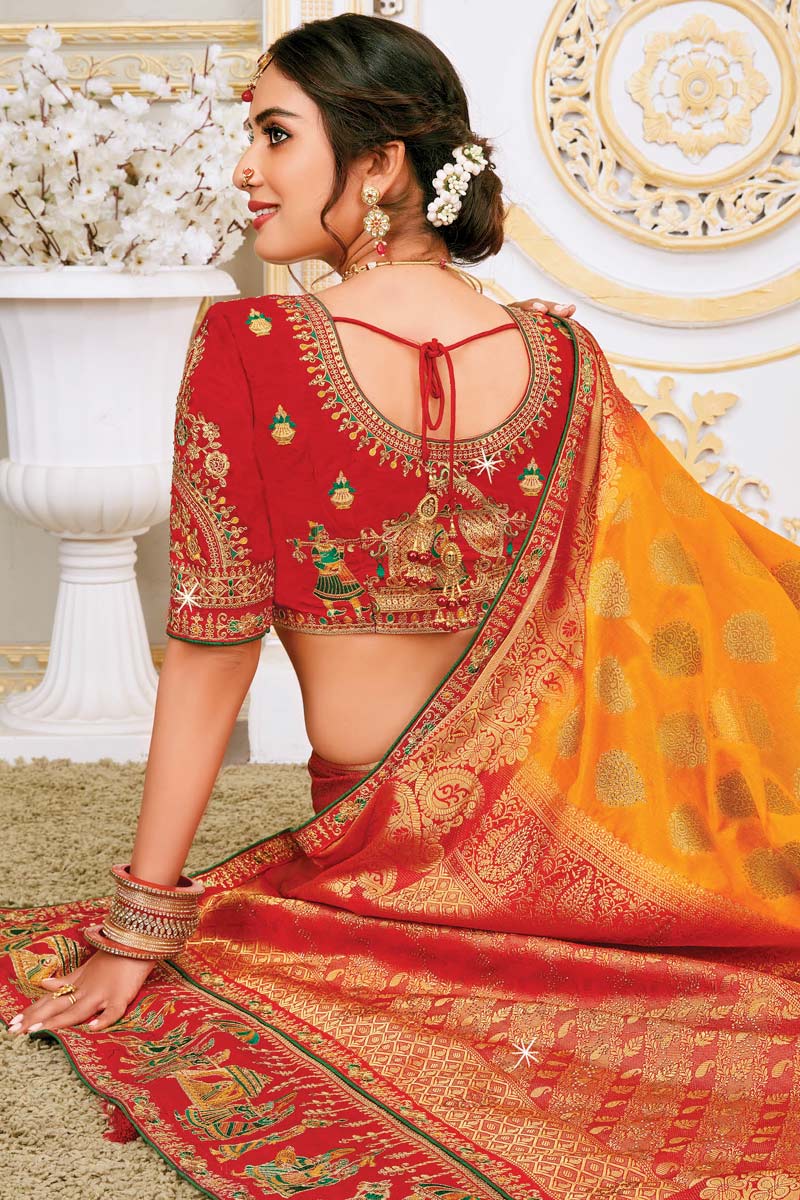 Orange Color Function Wear Art Silk Fabric Saree With Tempting Embroidered Blouse