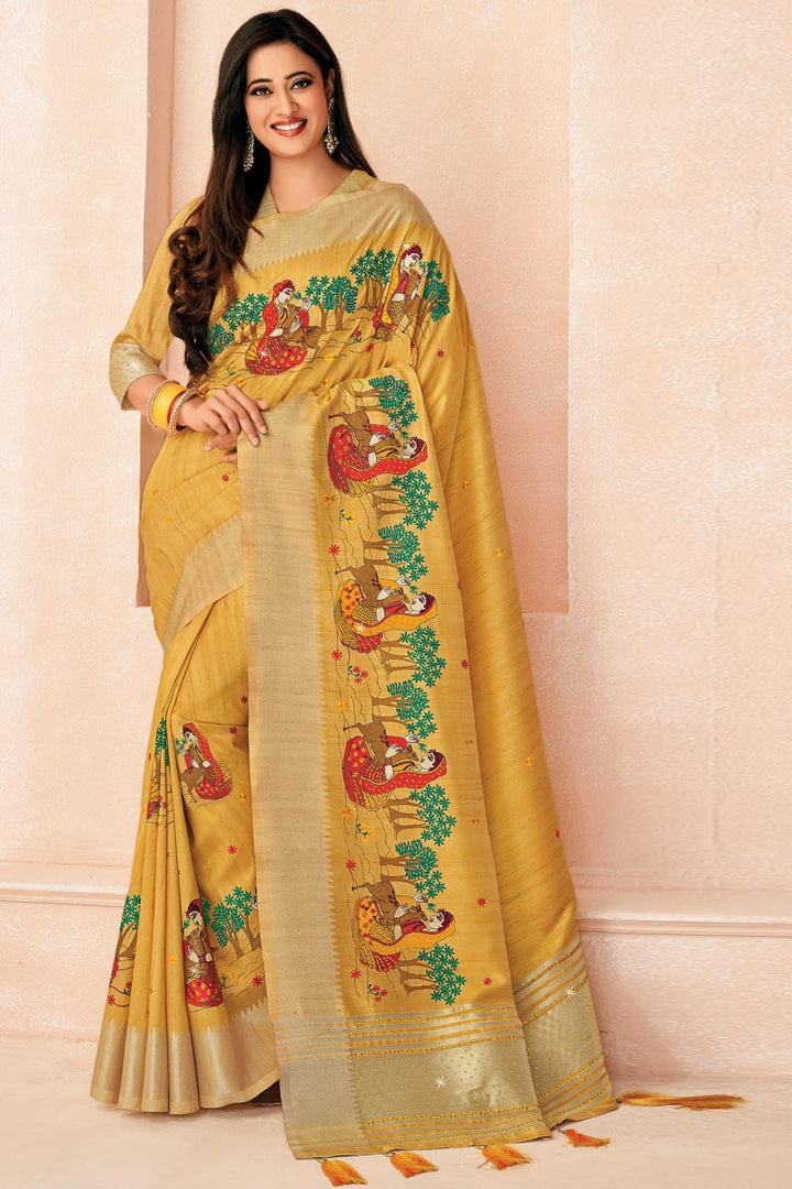 Yellow Color Embroidered Work Lovely Shweta Tiwari Silk Saree