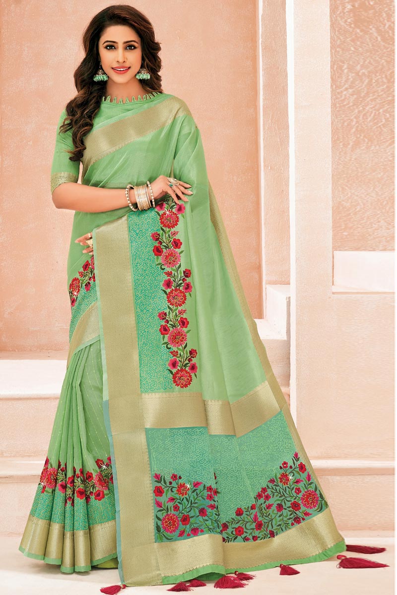 Embroidered Work Green Color Enticing Silk Saree
