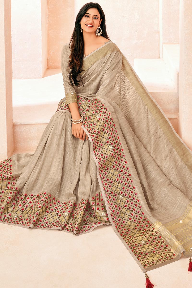 Beige Color Embroidered Work Delicate Shweta Tiwari Silk Saree
