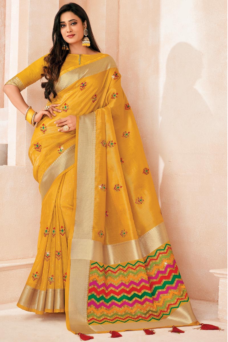 Yellow Color Embroidered Work Soothing Shweta Tiwari Silk Saree