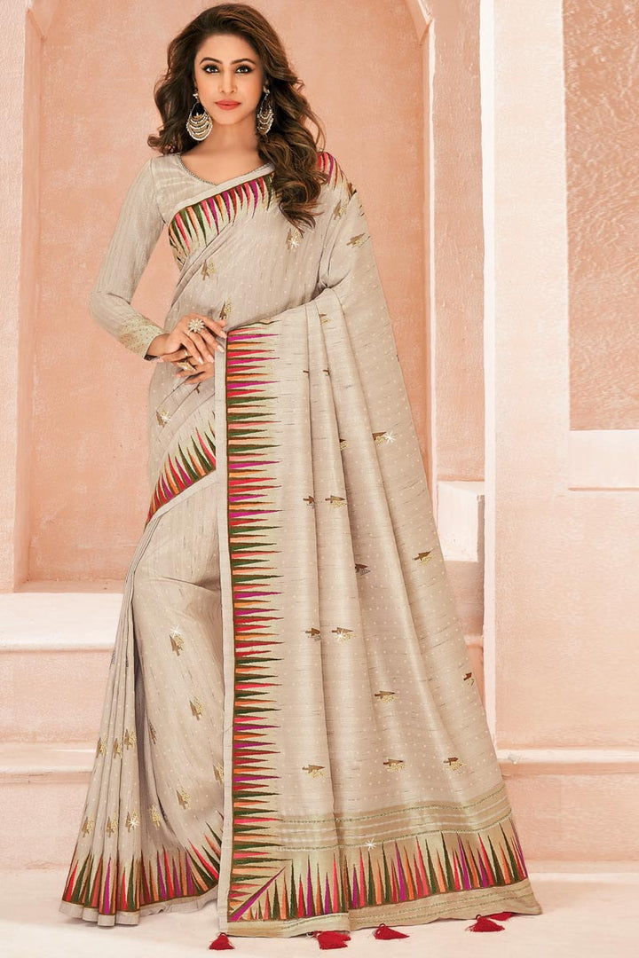 Beige Color Embroidered Work Appealing Silk Saree