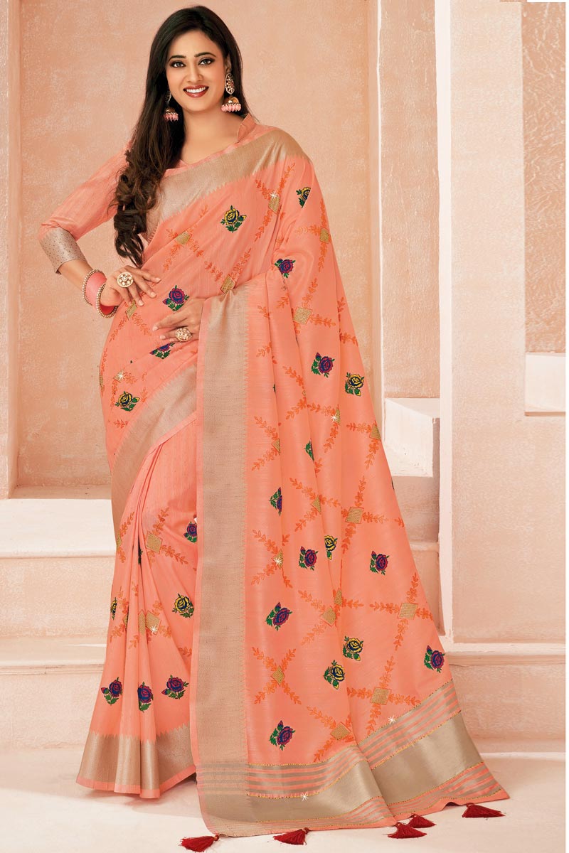 Peach Color Embroidered Work Fantastic Shweta Tiwari Silk Saree