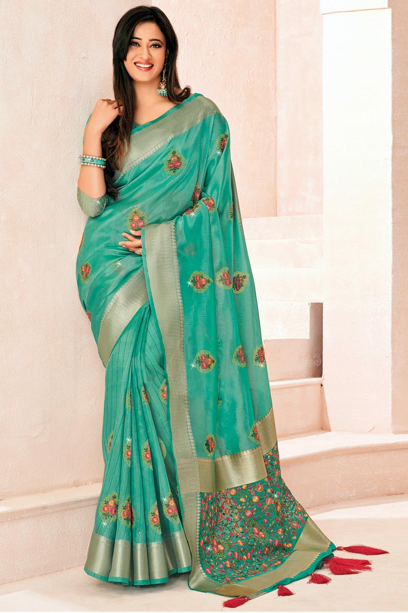 Green Color Embroidered Work Awesome Shweta Tiwari Silk Saree