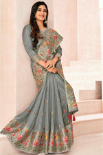 Load image into Gallery viewer, Grey Color Appealing Embroidered Work Shweta Tiwari Silk Saree
