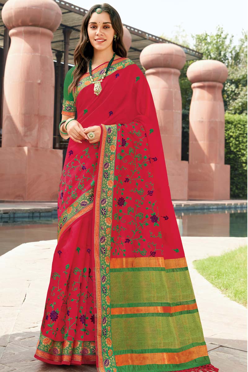 Pink Color Art Silk Fabric Festival Wear Appealing Embroidered Work Saree