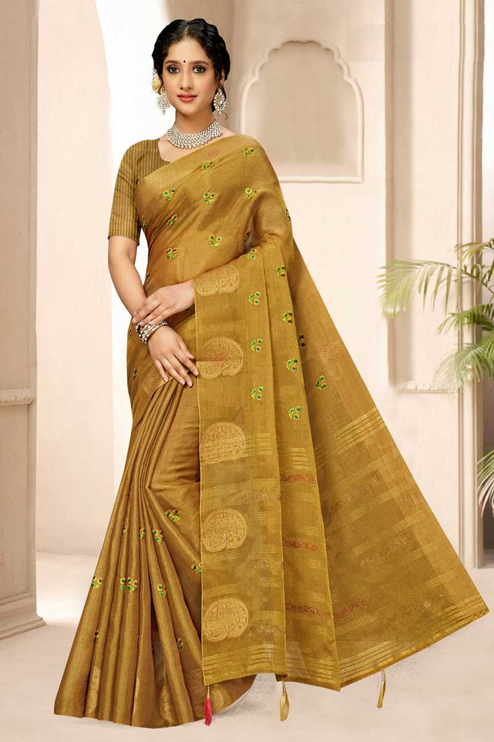 Enchanting Embroidered Work Golden Color Saree In Art Silk Fabric