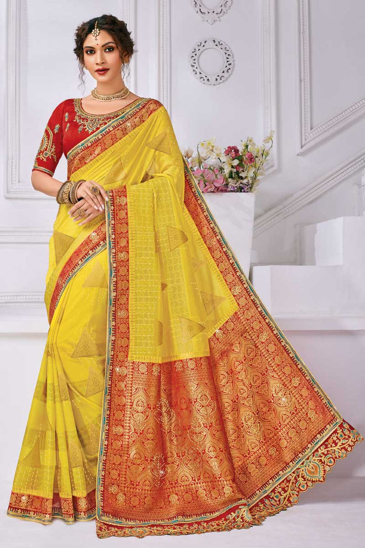 Art Silk Fabric Yellow Color Phenomenal Function Wear Saree