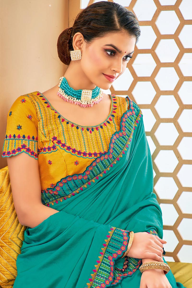 Winsome Border Work On Sea Green Color Art Silk Fabric Saree