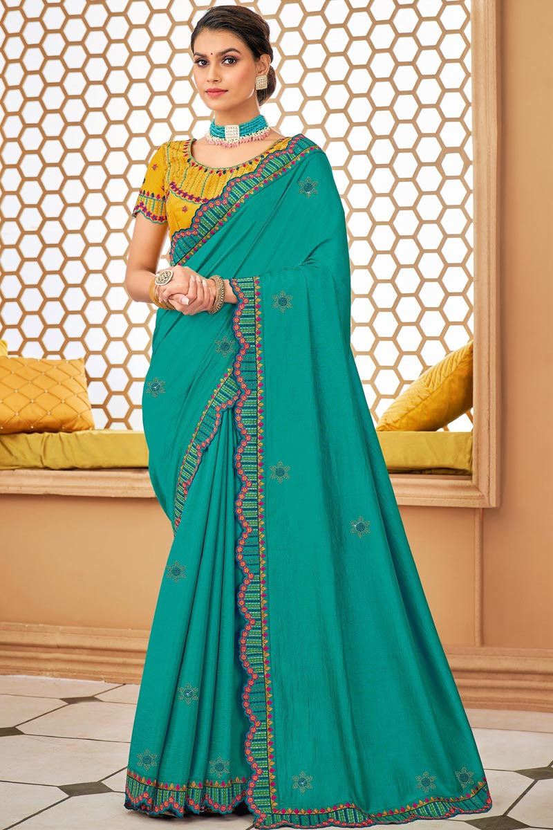 Winsome Border Work On Sea Green Color Art Silk Fabric Saree