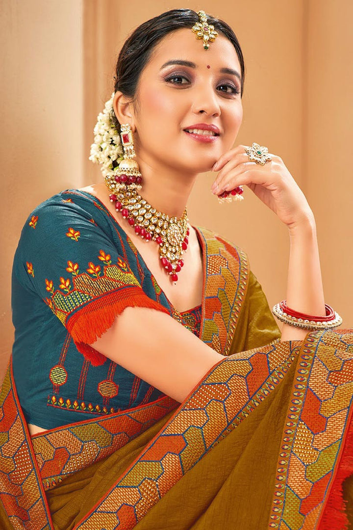 Art Silk Fabric Golden Color Imperial Border Work Saree