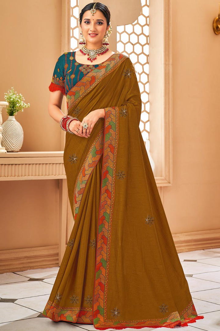 Art Silk Fabric Golden Color Imperial Border Work Saree